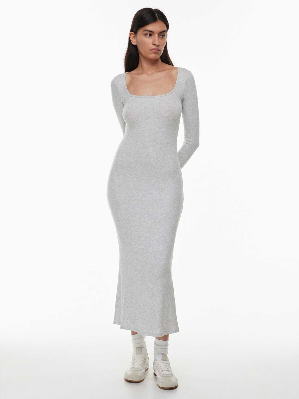 Aritzia Babaton Luxe Lounge Temptation Maxi Dress Gray Ribbed Long Sleeve
